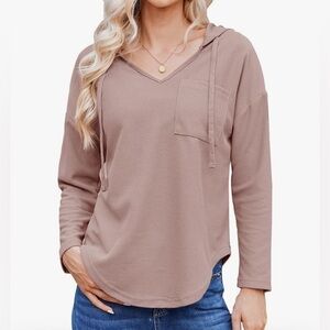 Womens Hoodies Long Sleeve Pullover Top V Neck Drawstring With Pocket (072)